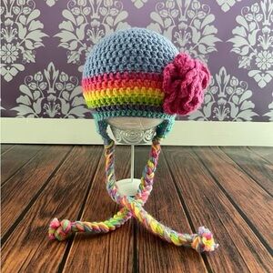 Rainbow Crochet Earflap Hat with Flower